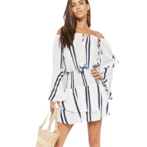 Surf Gypsy Women's Off Shoulder‎ White Stripe Boho Pom Pom Mini Dress Medium